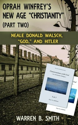 Link to article and cover of Conversations With God books by Neale Donald Walsch superimposed over image of WWII concencentration camp buildings, fencing, barbwire and lighting