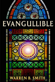 Front cover of Evangullible book in black with multi-colored church stained glass window.